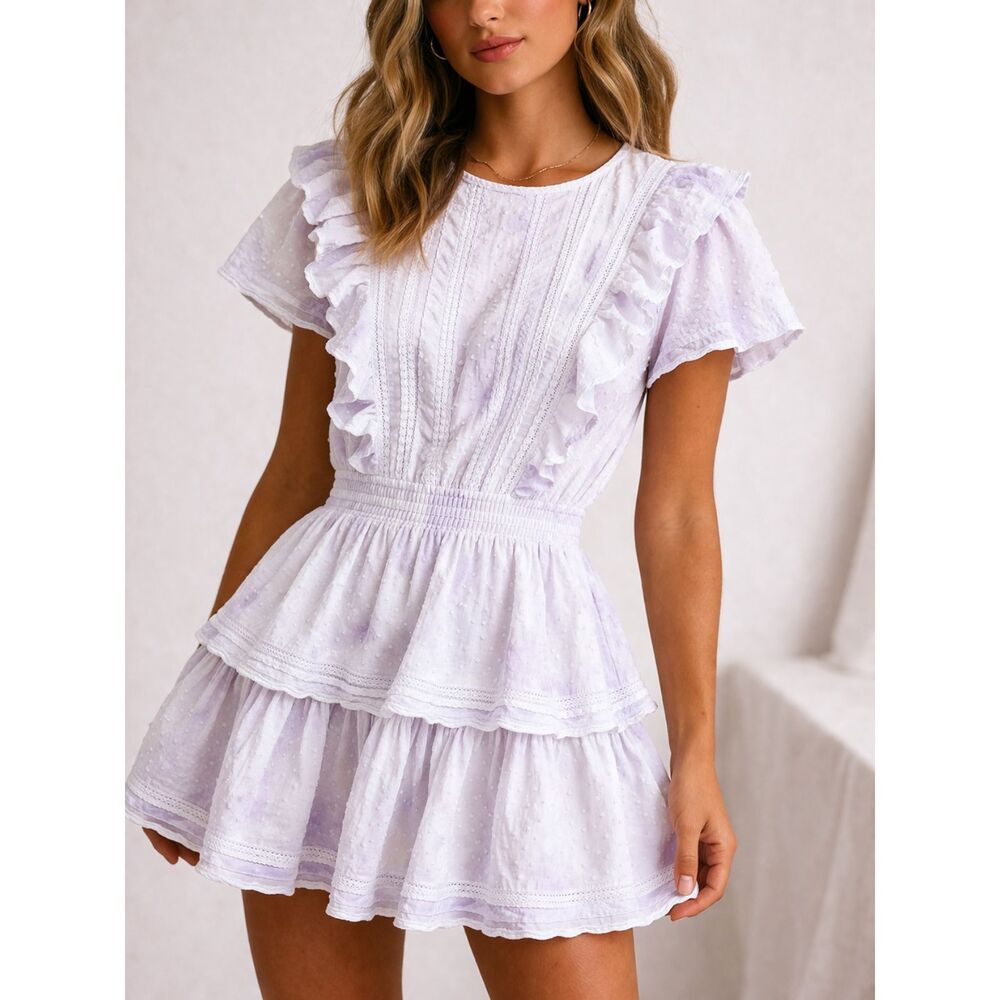 LoveShackFancy Natasha Mini Dress White Swiss Dot Lace Ruffle Cottagecore S